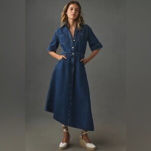 Anthropologie ALIGNE Mateo Short-Sleeve Asymmetric Denim Midi Shirt Dress